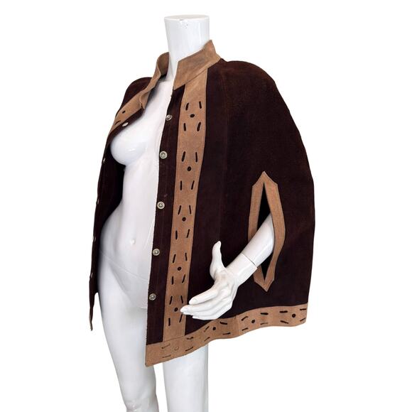 Vintage 60s 70s Leather Suede Poncho Snap Cape Hippie Boho S/M - Picture 3 of 7